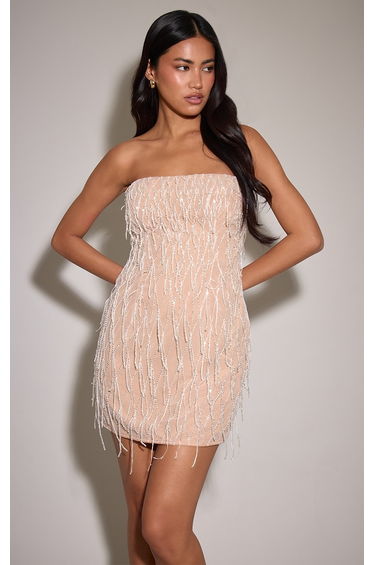 Nude Bandeau Embellished Mini Dress