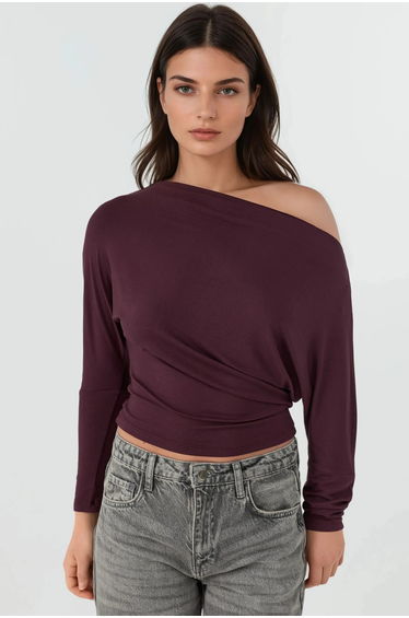 Asymmetrical Collar Long Sleeve Elastic Knit T-Shirt