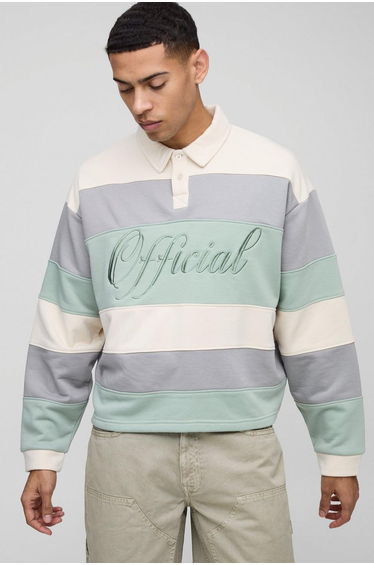 Oversized Boxy Stripe Embroidered Rugby Polo - sage