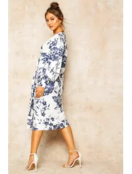 Floral Print Plunge Tie Waist Midi Dress - blue - 1