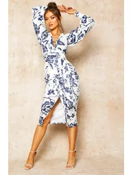 Floral Print Plunge Tie Waist Midi Dress - blue - 3