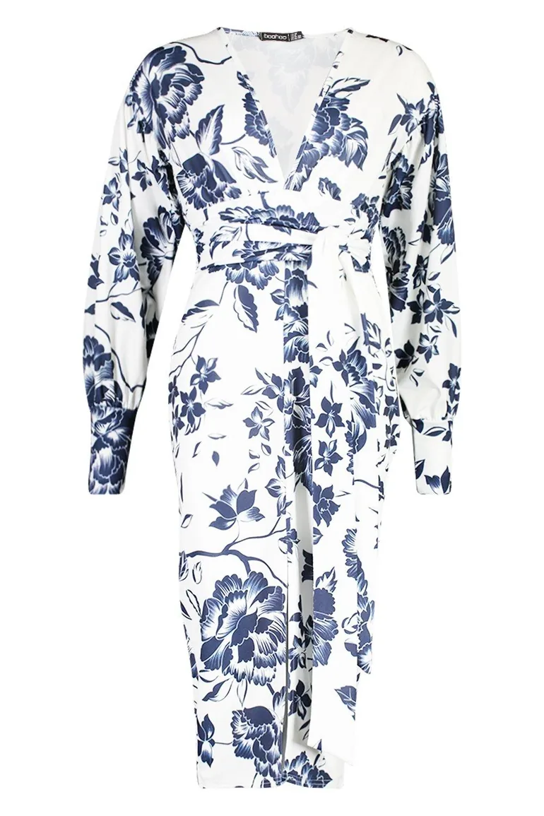 Floral Print Plunge Tie Waist Midi Dress - blue - 2