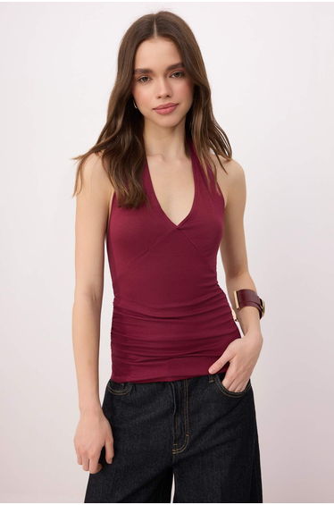 Burgundy Fitted/Bodycon Halter Neck Sleeveless Soft Knitted Blouse