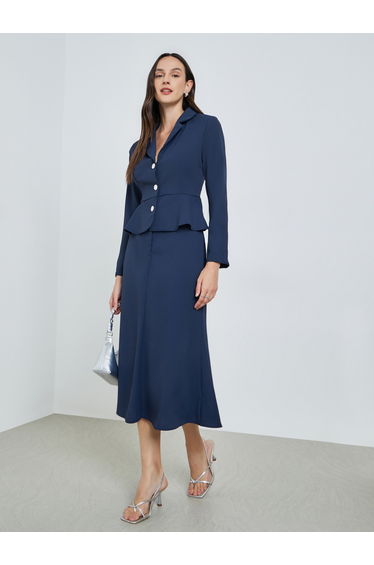Navy Blue Long Sleeve Fitted Blazer and Skirt Co-Ords