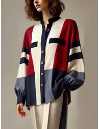 Long Sleeves Loose Buttoned Contrast Color Split-Joint Stand Collar Blouses&Shirts Tops - 1