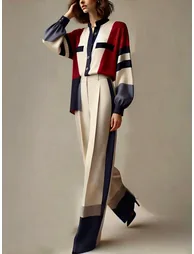 Long Sleeves Loose Buttoned Contrast Color Split-Joint Stand Collar Blouses&Shirts Tops - 6