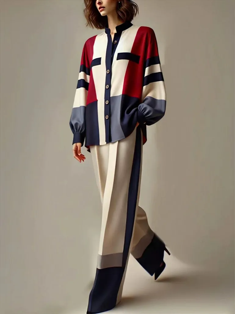 Long Sleeves Loose Buttoned Contrast Color Split-Joint Stand Collar Blouses&Shirts Tops - 5