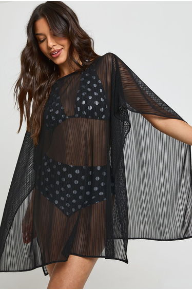 Sheer Mesh Cape Beach Dress - black