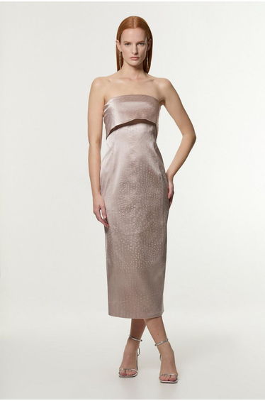 Italian Structured Textured Satin Bandeau Tailored Midaxi Dress