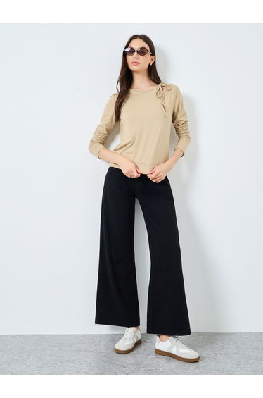 Beige Long Sleeve Tie Neck Blouse