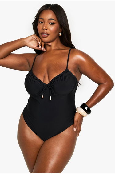 Plus Shell Trim Ruched Cup Underwire Swimsuit - black