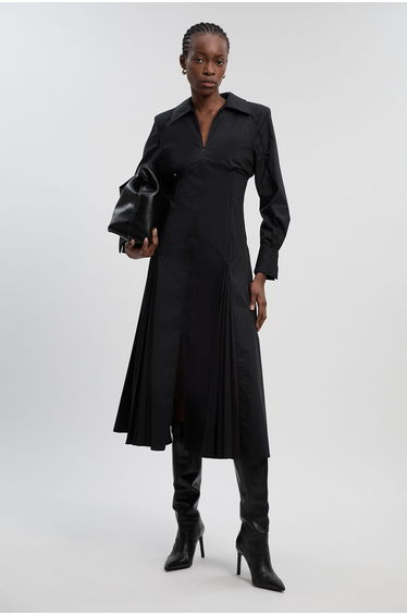 Pleated Detail Cotton Long Sleeve Woven Midi Dress