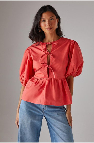 Poplin Tie Front Volume Sleeve Blouse