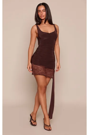 Petite Chocolate Lace Detail Strappy Ruched Slinky Mini Dress