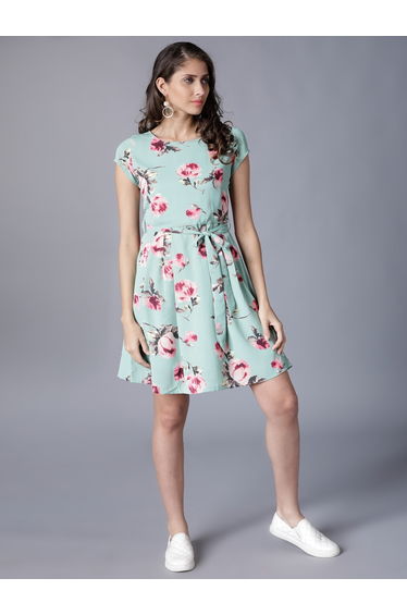 All-Over Floral Print Round Neck Mini Dress