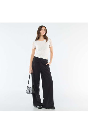 Wide-Leg Trousers with Boxer-Style Waistband BLACK