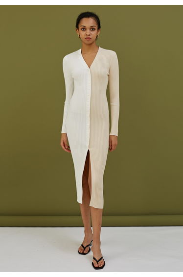 Button Down Two-Tone Spliced Bodycon Knit Dress in Cream