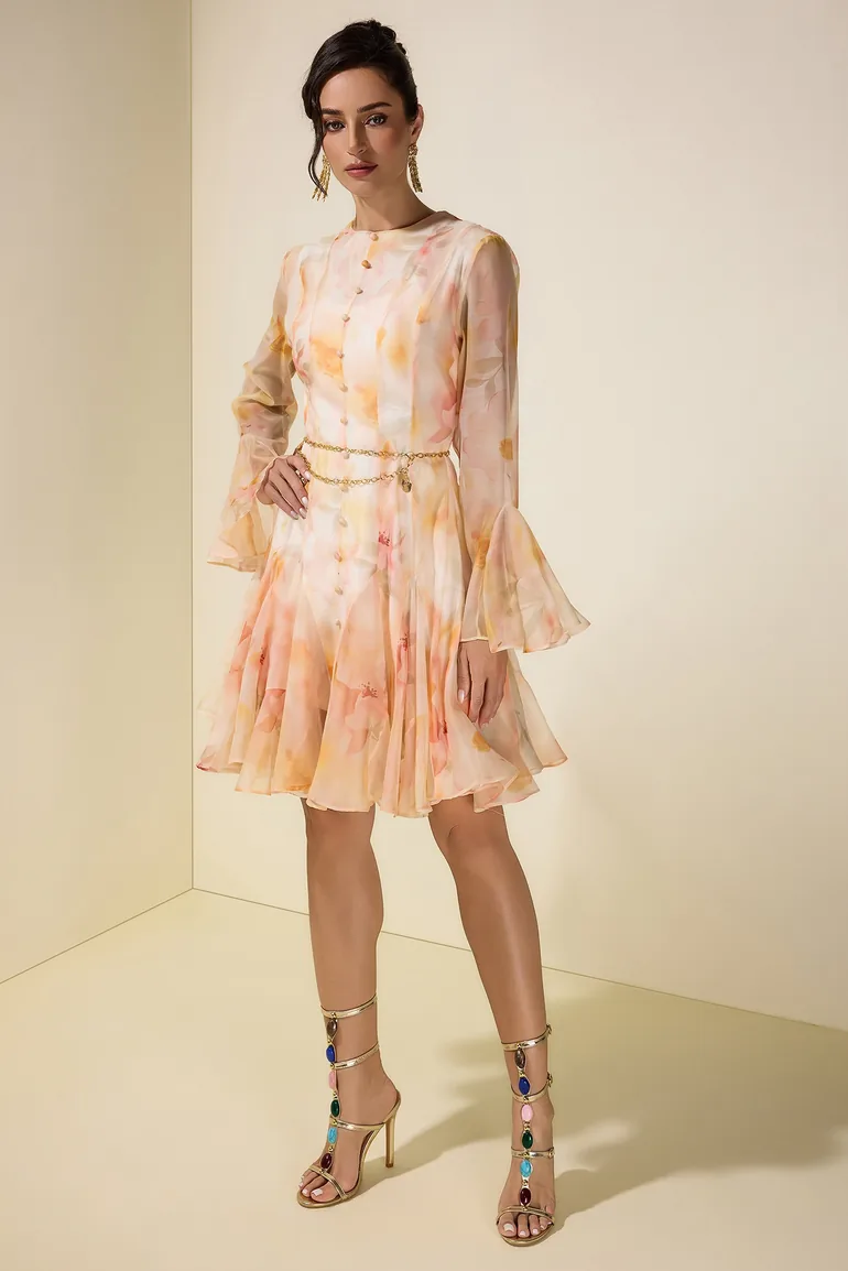 Floral Ruffle Mini Dress With Metal Chain Belt - 1