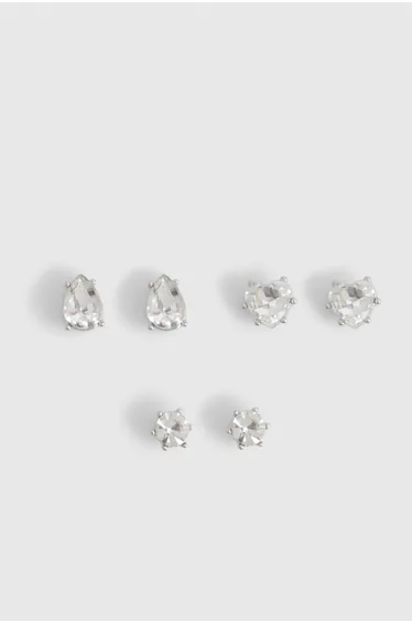Diamante Stud Earrings 3 Pack - silver