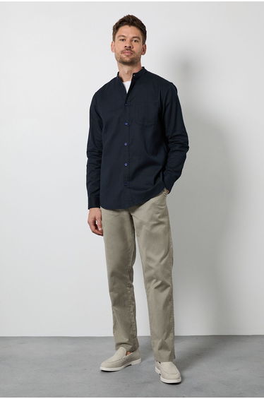 Navy Grandad Long Sleeve Linen Blend Shirt