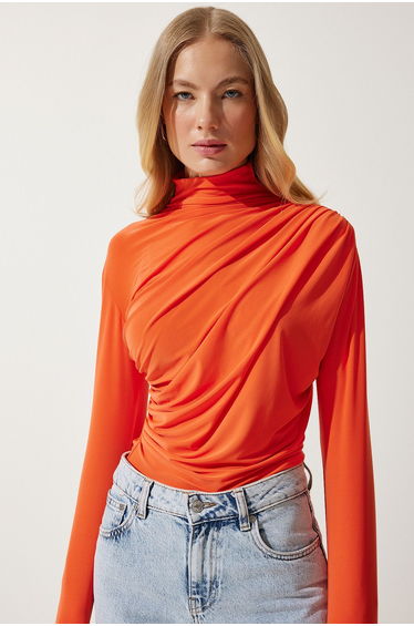Women's Orange Gathered Detailed High Neck Sandy Blouse