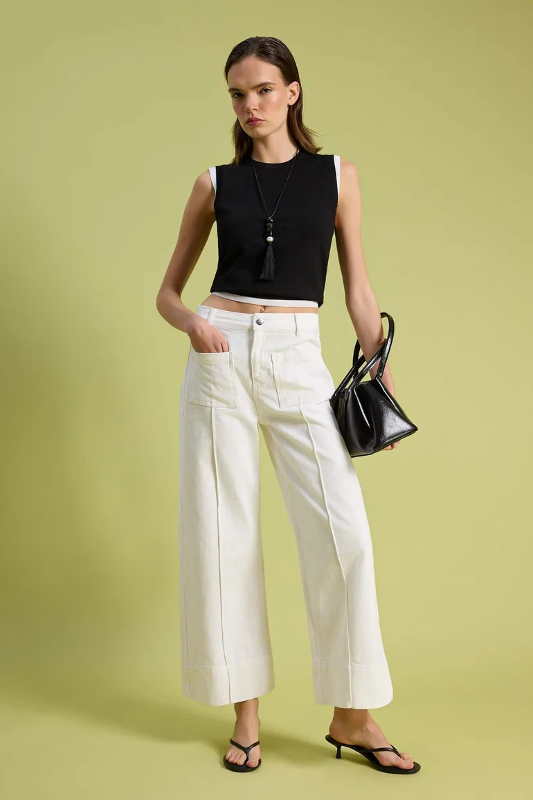 White Pocket Detailed High Waist 100% Cotton Wide Leg Jeans