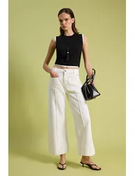 White Pocket Detailed High Waist 100% Cotton Wide Leg Jeans