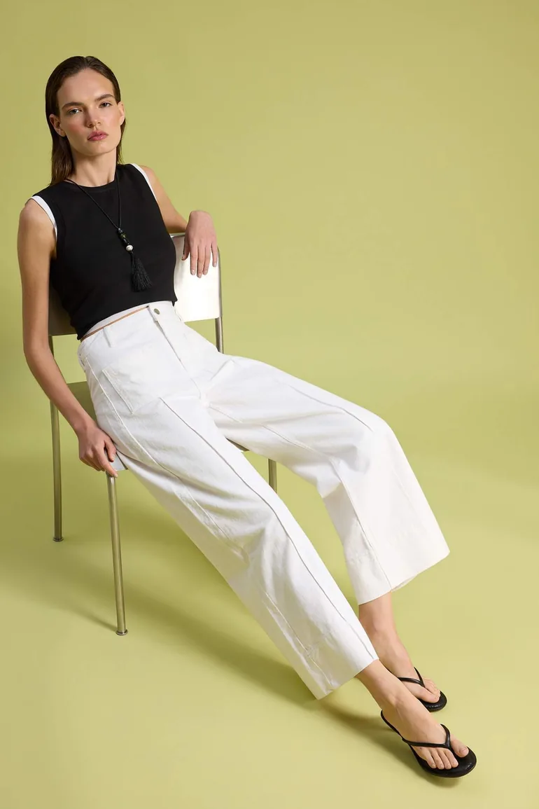 White Pocket Detailed High Waist 100% Cotton Wide Leg Jeans - 1