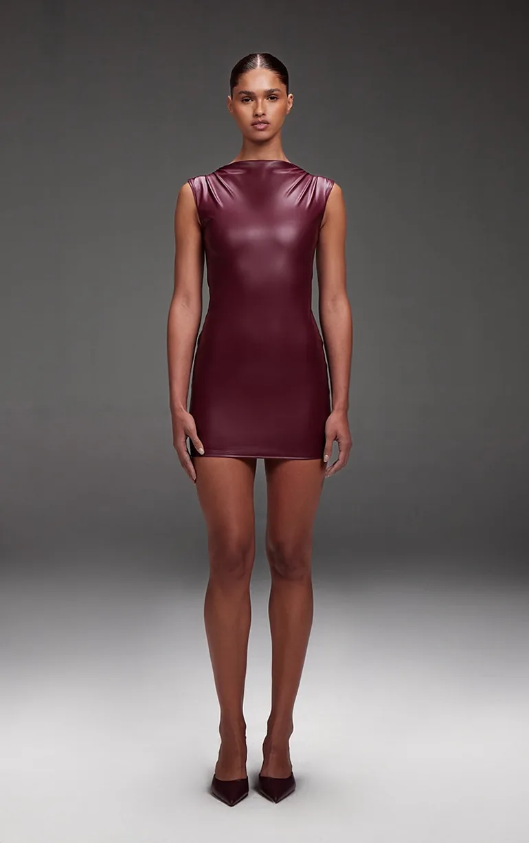 burgundy mini dress leather ASOS DESIGN leather look mini dress with plunge neck dress in burgundy