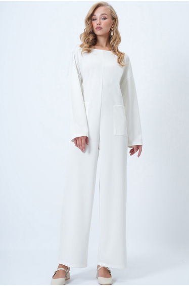 Women's Ecru Crew Neck Back Zippered Relaxed Cut Jumpsuit