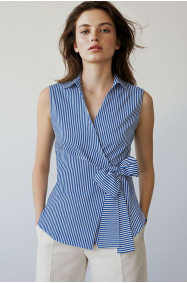 Blue Striped Double Breasted Tie Detailed Woven Blouse