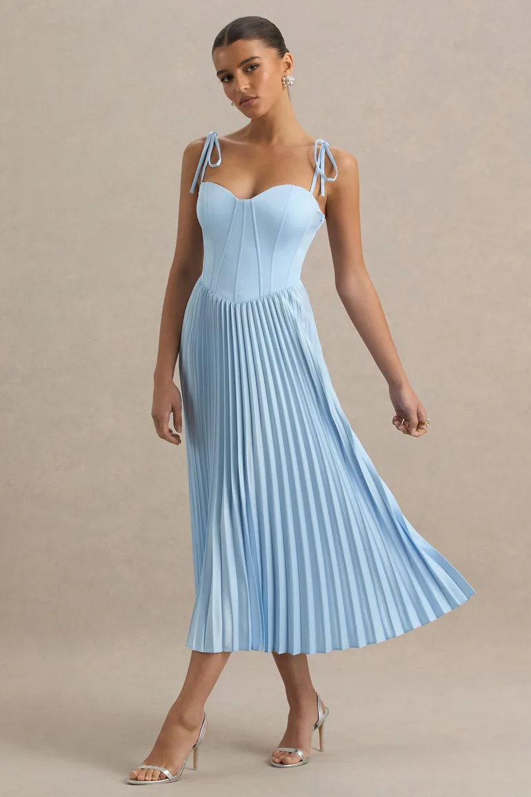 Peyton | Powder Blue Satin Sweetheart-Neck Midi Dress With Pleated Details - 1