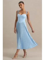 Peyton | Powder Blue Satin Sweetheart-Neck Midi Dress With Pleated Details - 1