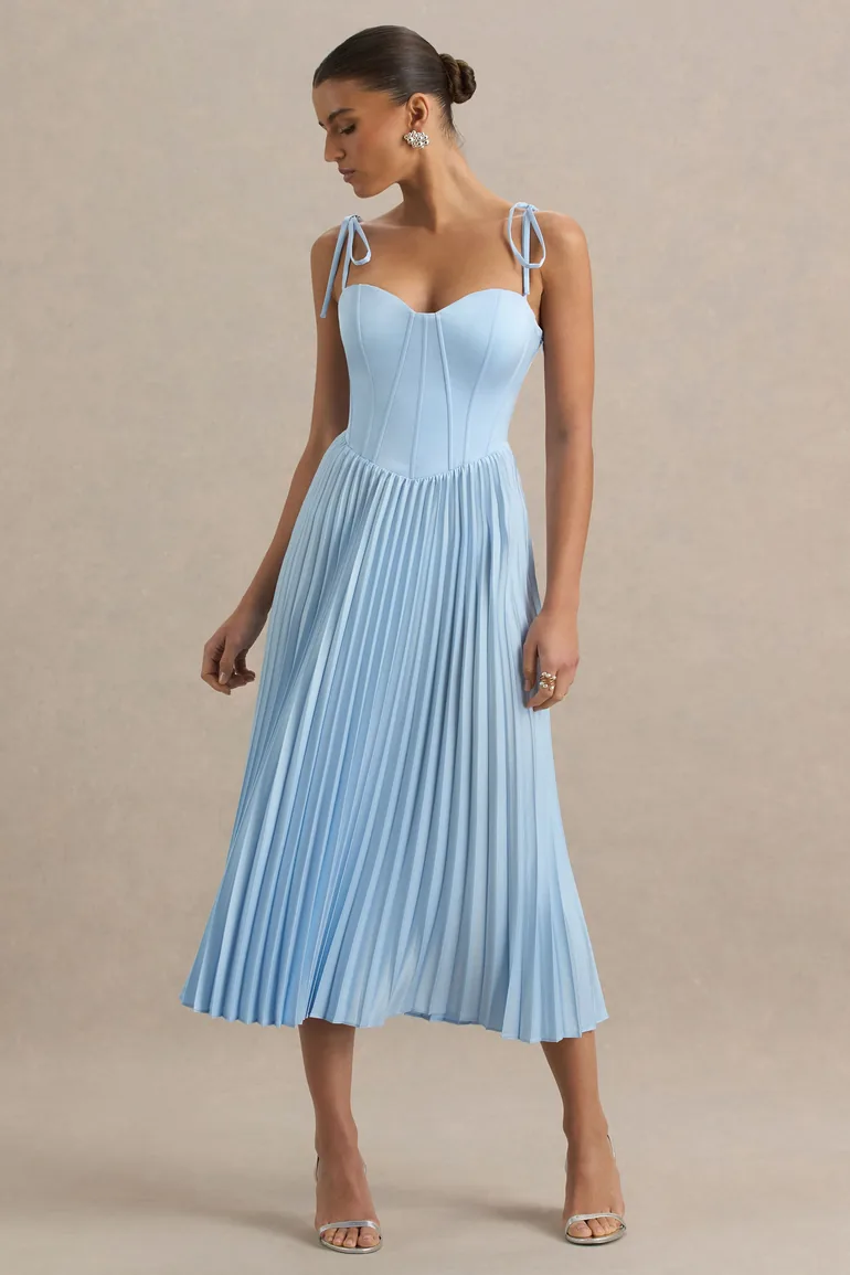 Peyton | Powder Blue Satin Sweetheart-Neck Midi Dress With Pleated Details - 4
