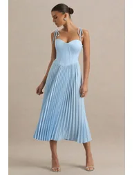 Peyton | Powder Blue Satin Sweetheart-Neck Midi Dress With Pleated Details - 4