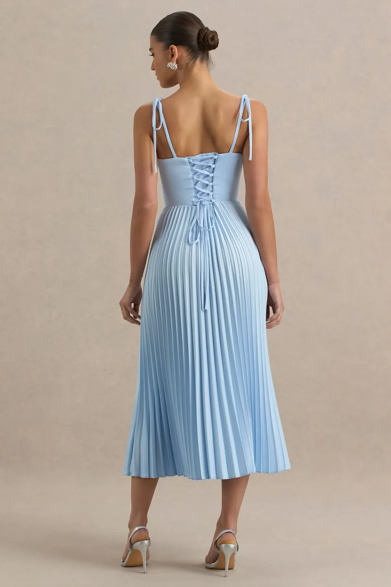 Peyton | Powder Blue Satin Sweetheart-Neck Midi Dress With Pleated Details - 3