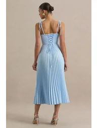 Peyton | Powder Blue Satin Sweetheart-Neck Midi Dress With Pleated Details - 3