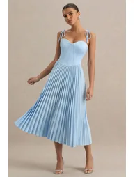 Peyton | Powder Blue Satin Sweetheart-Neck Midi Dress With Pleated Details