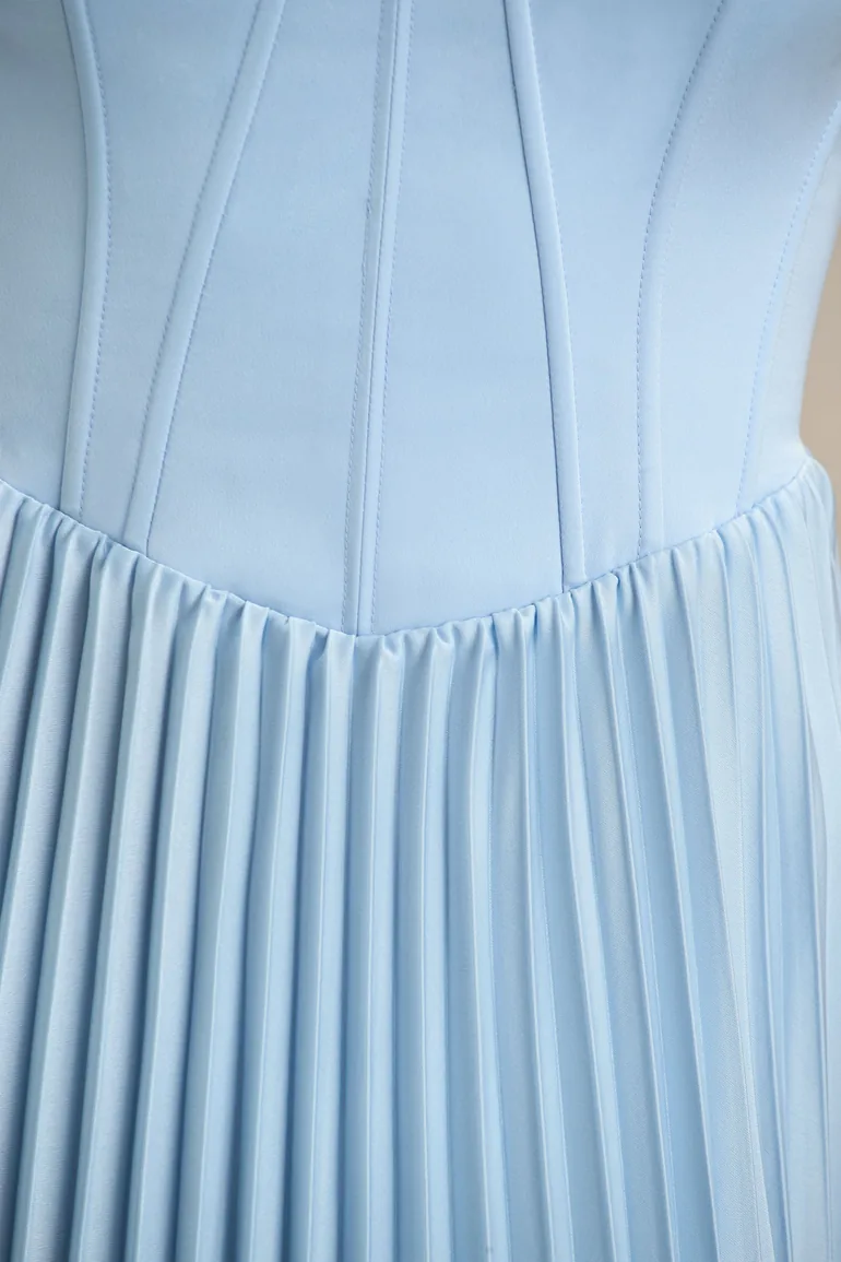 Peyton | Powder Blue Satin Sweetheart-Neck Midi Dress With Pleated Details - 2