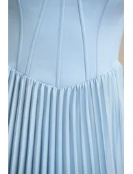 Peyton | Powder Blue Satin Sweetheart-Neck Midi Dress With Pleated Details - 2