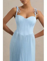 Peyton | Powder Blue Satin Sweetheart-Neck Midi Dress With Pleated Details - 5