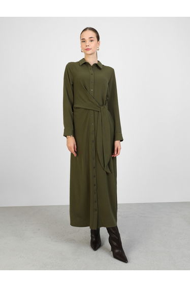 Olive Green Buttoned Maxi Dress with Waist Tie-Detail