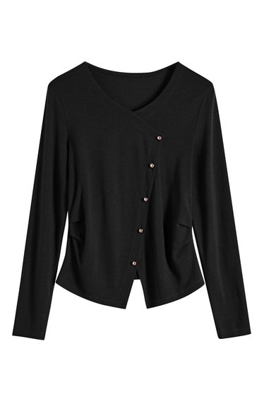 Golden Buttons Decor Asymmetric Top in Black for Dinner Dates & Office Days