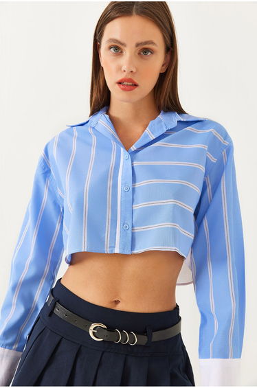 Women's Asymmetric Striped Cuff Detail Crop Shirt