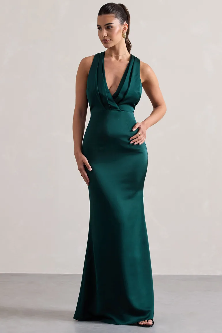 Shop Tiffany | Bottle Green Satin Plunge-Neck Maxi Dress Online in Saudi  Arabia
