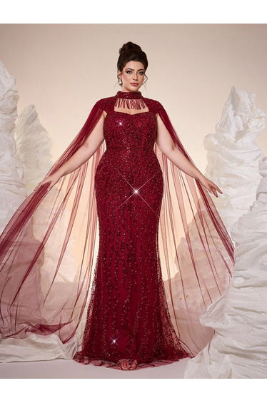 Leely Plus Women's Elegant Halter Extra-Long Sleeve Evening Gown