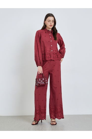 Women Burgundy Schiffli Long Sleeve Shirt