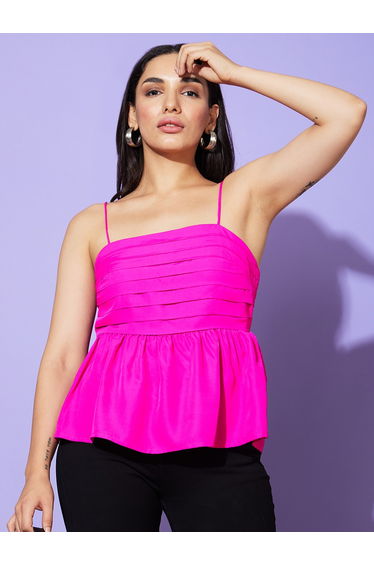 Solid Pleated Detail Strappy Top