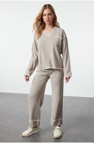 Mink Extra Wide Pattern Shaggy Yarn Garnished Knitwear Top-Top Set