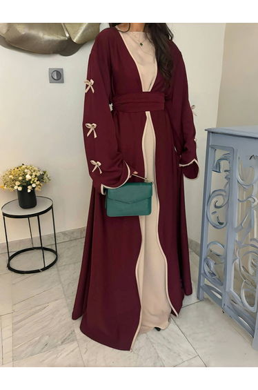 Bow Detail Open Front Abaya with Belt Set
